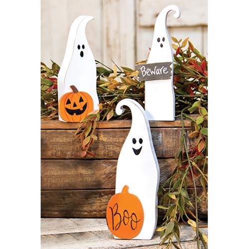 Hearthside Friendly Ghosts Set of 3 Wooden Ghosts w/Pumpkin Beware Sign - Halloween Fall Decor - Farmhouse Distressed Look