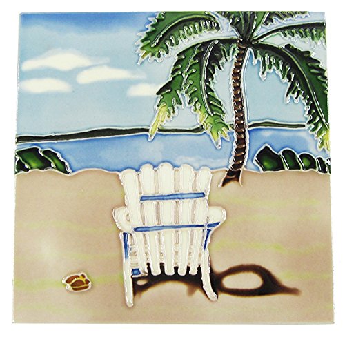 Chesapeake Bay Empty Beach Chair and Palm Tree Beach Scene Ceramic Tile 8 x 8 Inches