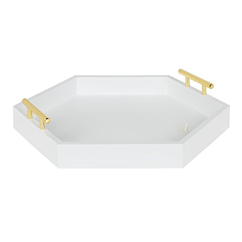 Kate and Laurel Lipton Hexagon Decorative Tray with Polished Metal Handles, White and Gold