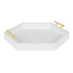 Kate and Laurel Lipton Hexagon Decorative Tray with Polished Metal Handles, White and Gold
