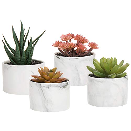 MyGift Mini Artificial Succulent Plants in Marbled Ceramic Planters, Set of 4