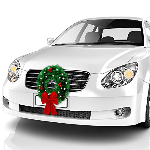 BBTO Christmas Car Wreath Decorative LED Car Wreath Red Bow Berries Wreath Artificial Leaves Car Wreath for Truck, or SUV,