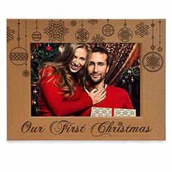 KATE POSH - Our First Christmas Engraved Natural Wood Picture Frame - First Christmas Together Gifts, First Christmas as