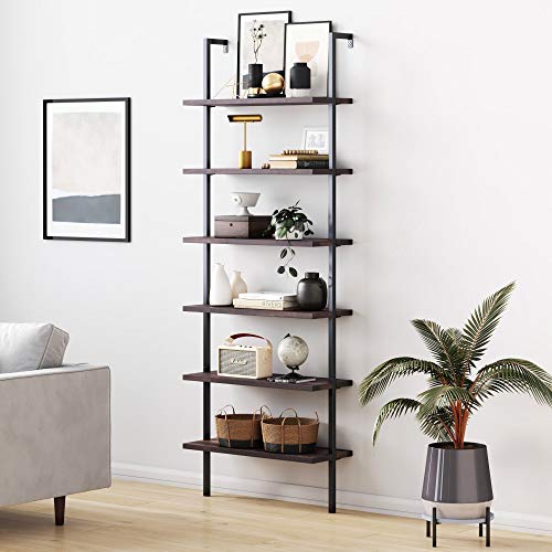 Nathan James Theo 6-Shelf Tall Bookcase, Wall Mount Bookshelf with Natural Wood Finish and Industrial Metal Frame,