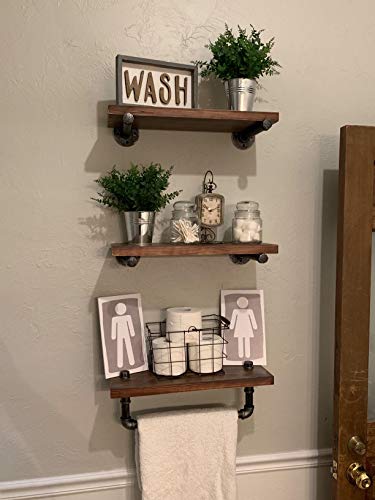 BOSURU Industrial Pipe Shelves with Towel Bar Wall Mount Rustic Wood Shelf DIY Storage Floating Shelving for Bathroom(Black,3-Tier)