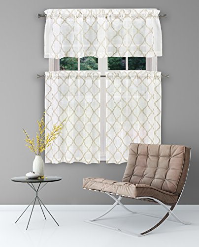 Home Maison Devyn Geometric Kitchen Window Curtain Tier Valance Set, 28 x 36/56 x 15, Taupe