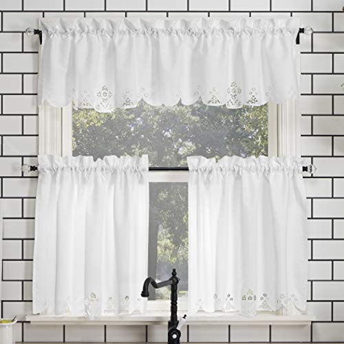 No. 918 Mariela Floral Trim Semi-Sheer Rod Pocket Kitchen Curtain Valance and Tiers Set, 58" x 24" 3-Piece, White