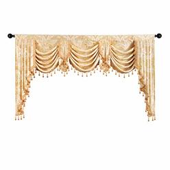 ELKCA Golden Jacquard Swag Waterfall Valance Luxury Curtain Valance for Living Room (Damask-Golden, W79 Inch, 1 Panel)