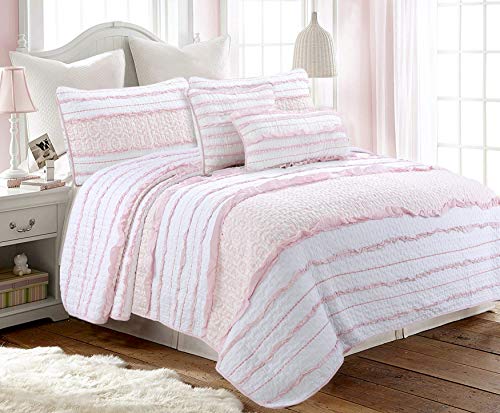 Cozy Line Home Fashions Pink Princess Ruffle 100% Cotton Reversible Bedding Quilt Set (Pink Princess, Full/Queen - 3 Piece)