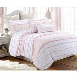 Cozy Line Home Fashions Pink Princess Ruffle 100% Cotton Reversible Bedding Quilt Set (Pink Princess, Full/Queen - 3 Piece)