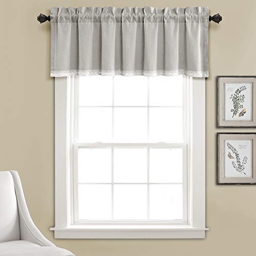 Lush Decor, Light Gray Linen Lace Window Curtain Valance Dark, 18" x 52" + 2" Header