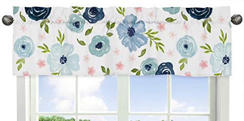 Sweet Jojo Designs Navy Blue and Pink Watercolor Floral Window Treatment Valance - Blush, Green and White Shabby Chic Rose