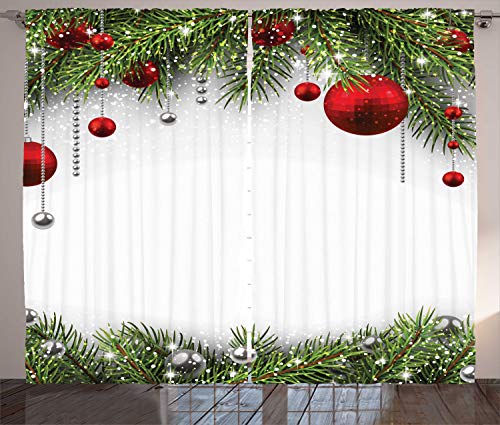 Ambesonne Christmas Curtains, Holiday Season Backdrop with Pine Leaves Ball Classic Design Print, Living Room Bedroom Window