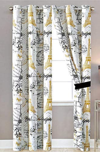 Sapphire Home Window Curtain Panel Set (2 Panels) with Sheer Backing, Silver Grommet, Paris Eiffel Tower Theme, Black White