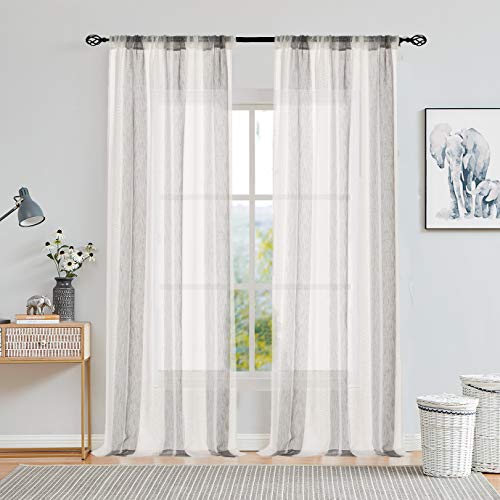 Central Park Sheer Gray and White Stripe Farmhouse Curtains Boucle Linen Window Curtain Panel Pairs Yarn Dyed Woven 84 Inches