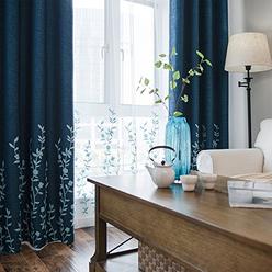 Melodieux Flower Embroidery Faux Linen Blackout Curtains for Living Room Bedroom Noise-Free Grommet Window Drape, Navy/Blue,