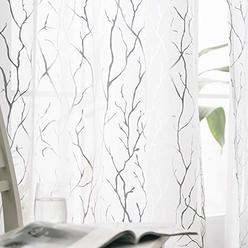 Keyu Textile White Sheer Curtains 84 Inch Long - Silver Foil Tree Branch White Curtain 2 Panels Rod Pocket Sheer Window Curtains Tree
