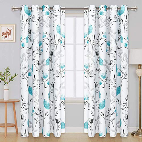 VERTKREA Curtains Flower Watercolor Window Curtains Teal Drapes Room Darkening Window Curtains 52  63 Inches Flower and