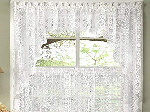 Sweet Home Collection Old World Style Floral Heavy Lace Kitchen Curtain Swag Pair, Hopewell White
