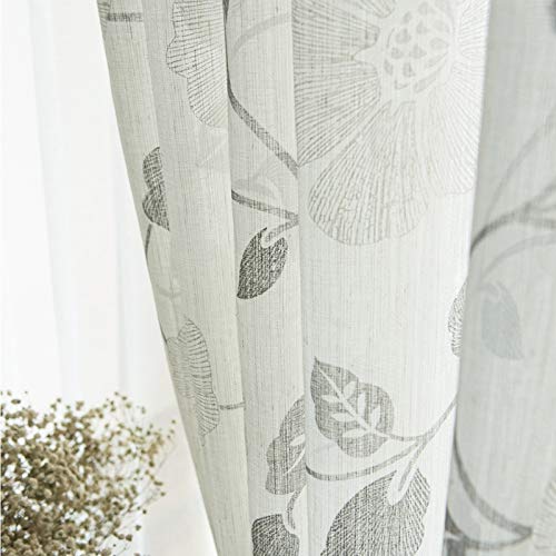 MRTREES Linen Textured Sheer Curtains Bedroom Grey Flower Leaves Print Short Sheers Living Room 54 inches Long Flax Linen Blend