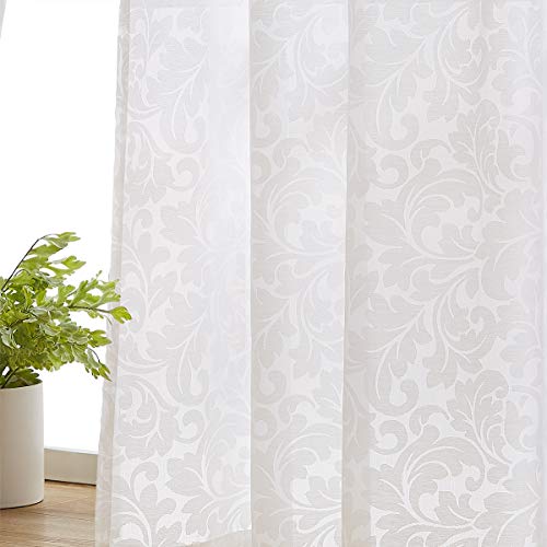 Treatmentex Burnout White Sheer Window Curtain Panels for Living Room Damask Floral Scroll Vintage Window Treatment Set Drapes for