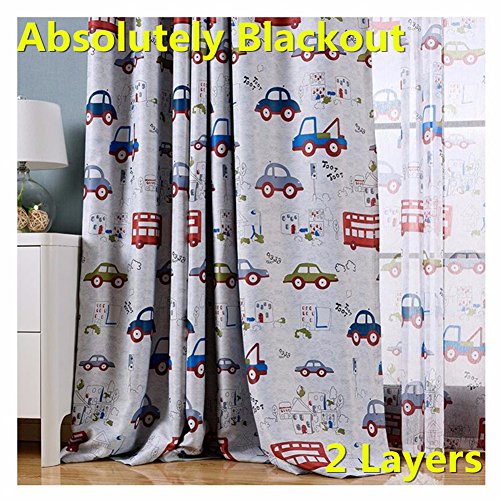 MYRU Absolutely Blackout Curtains for Kids Room,2 Layers Lined Curtains for Boys Girls Room,Set of 2 (Cartoon Car, 39 Inches