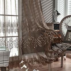 DONREN Luxury Brown Sheer Curtains for Living Room - Leaf Embroidery Sheer Curtain Panels for Bedroom (W 52 x L 84 Inch,2