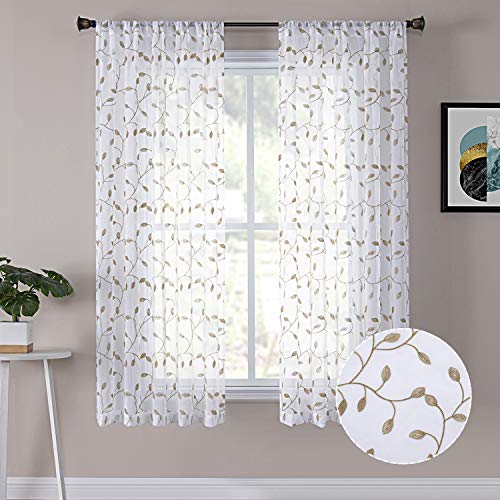 Tollpiz Leaves Short Sheer Curtain Taupe Leaf Embroidery Bedroom Curtains Rod Pocket Voile Faux Linen Embroidered Leaves