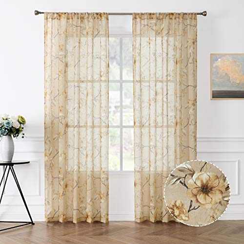 Tollpiz Sheer Curtains Beige Flower Leaf Printed Floral Embroidered Bedroom Curtain Sheers Rod Pocket Voile Faux Linen Window