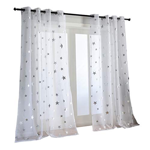 Kotile Silver Star Print 63 Inch Length 2 Panels White Short Curtains for Kids Room, Grommet Window Drapes Voile Sheer