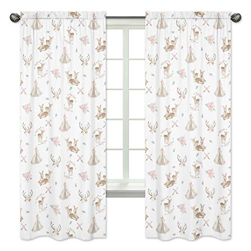 Sweet Jojo Designs Blush Pink, Mint Green and White Boho Window Treatment Panels Curtains for Woodland Deer Floral Collection