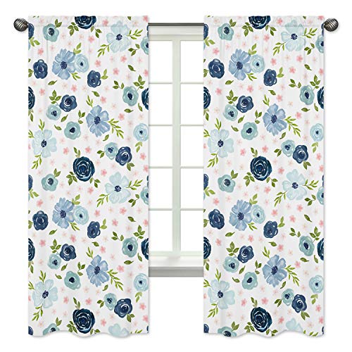 Sweet Jojo Designs Navy Blue and Pink Watercolor Floral Window Treatment Panels Curtains - Set of 2 - Blush, Green and White