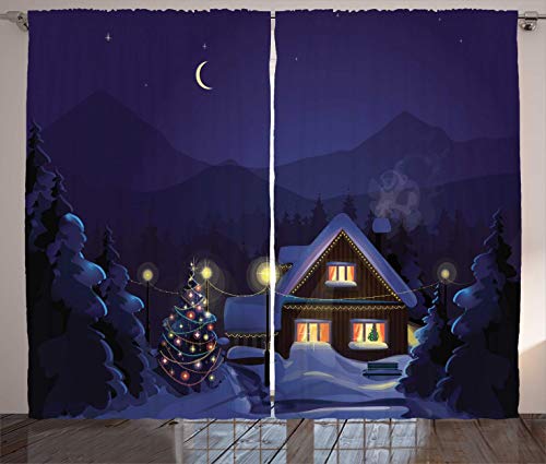 Ambesonne Christmas Curtains, Winter Scenery with Designed House and Tree at Night Family Themed Concept Art, Living Room