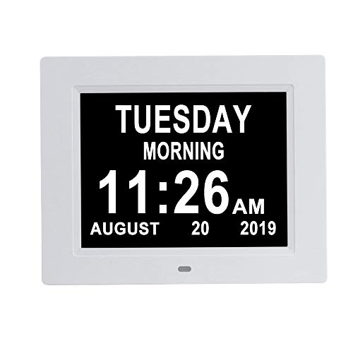 Aowasi [Auto-Dimming Options] Digital Day Calendar Clock Non-Abbreviations Day Date 8 Alarm Options Battery Backup Dementia