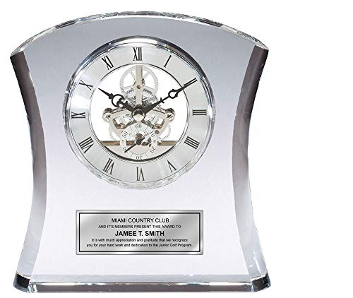 AllGiftFrames Tower Da Vinci Crystal Clock with Silver Dial and Silver Engraving Plate Personalized Desk Clock Wedding Gift Retirement