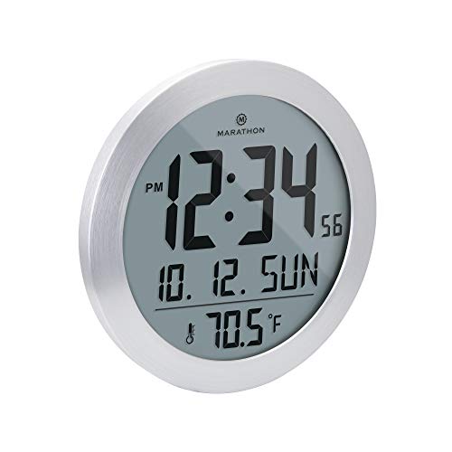 Marathon Round Digital Wall Clock with Date and Indoor Temperature. Large 8.5 Inches Diameter with Stand - Batteries Included