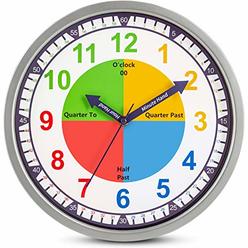 Bernhard Products Colorful Kids Wall Clock Teaching Time Telling Silent Non-Ticking Educational Learning Tool, Colored