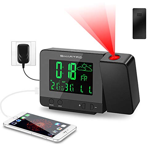 SMARTRO SC31B Digital Projection Alarm Clock with Weather Station, Indoor Outdoor Thermometer, USB Charger, Dual Alarm Clocks