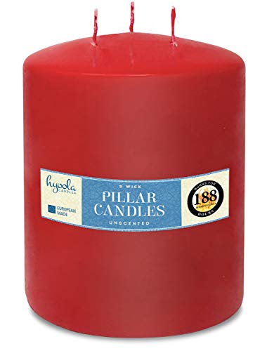 HYOOLA Red Three Wick Large Candle - 6 x 8 Inch - Unscented Big Pillar Candles - 188 Hour - European Made