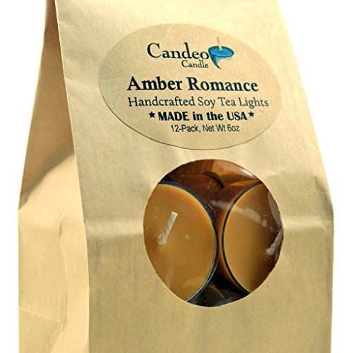Candeo Candle Amber Romance, Scented Soy Tealights, 12 Pack Clear Cup Candles