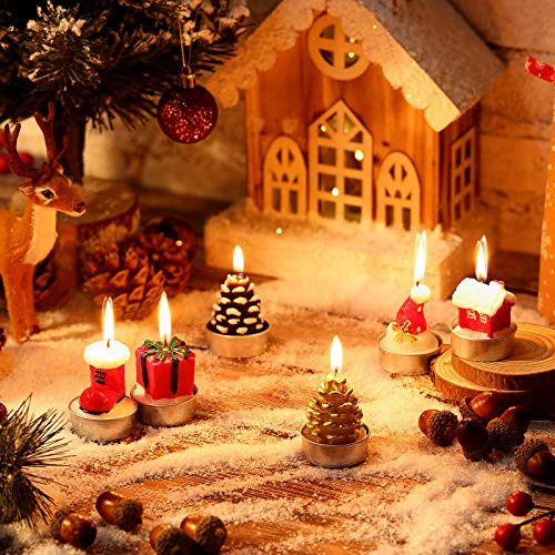 BBTO 12 Pieces Christmas Tealight Candles Handmade Delicate Christmas Candles Pinecone Christmas Hat Stocking House Box Shaped