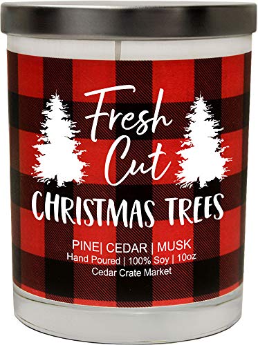 Cedar Crate Market Fresh Cut Christmas Trees, Pine, Cedar, Musk, Buffalo Plaid Christmas Scented Soy Candle, 10 Oz. Candle, Made in The USA,