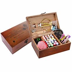 BTU Sewing Kit Box Basket, Wooden Hand Home Sewing Repair Tool Kit, Beginner Universal Sew Kit Accessories for Women, Men,