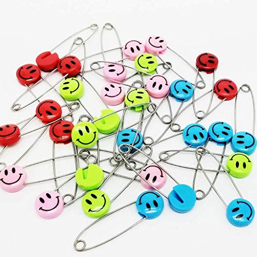 JMAF Safety Pins Child Proof Safety Pin, Candy-Color- Smile Cute Baby Safe  Pins,Plastic Head