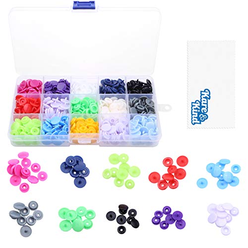 Kare & Kind Plastic Snap Buttons Set - 150 pcs T5 Fasteners with 15 Colors (10 Each) - for Sewing, Craft, Embroidery, DIY