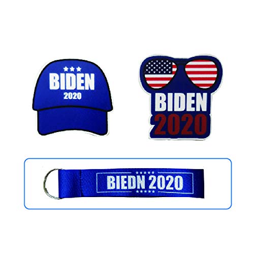 Joe Biden 2020 Blue Baseball Cap Style & Sunglasses Style Pinback Badge Button Pin Set + One Wrist Lanyard Keychain Ring,