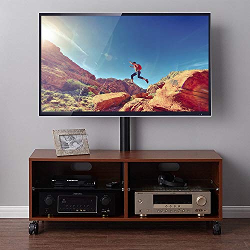 Rfiver Wood TV Stand on Wheels with Swivel Mount for 32 to 65 inch Flat