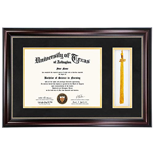 GraduationMall 11x17 Mahogany Diploma Frame with Tassel Holder for 8.5x11 Certificate Document,Real Glass, Black Over Gold Mat