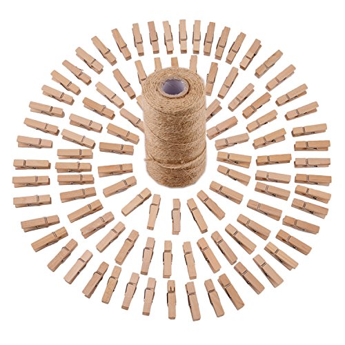 Sunmns 320 Feet Jute Twine and 100 Pieces Mini Natural Wooden Craft Clothespins Pegs Clips