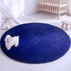 Comarkis Soft Round Area Rug for Bedroom,4 ft Navy Blue Circle Rug for Nursery Room, Fluffy Carpet for Kids Room, Shaggy Floor Mat for